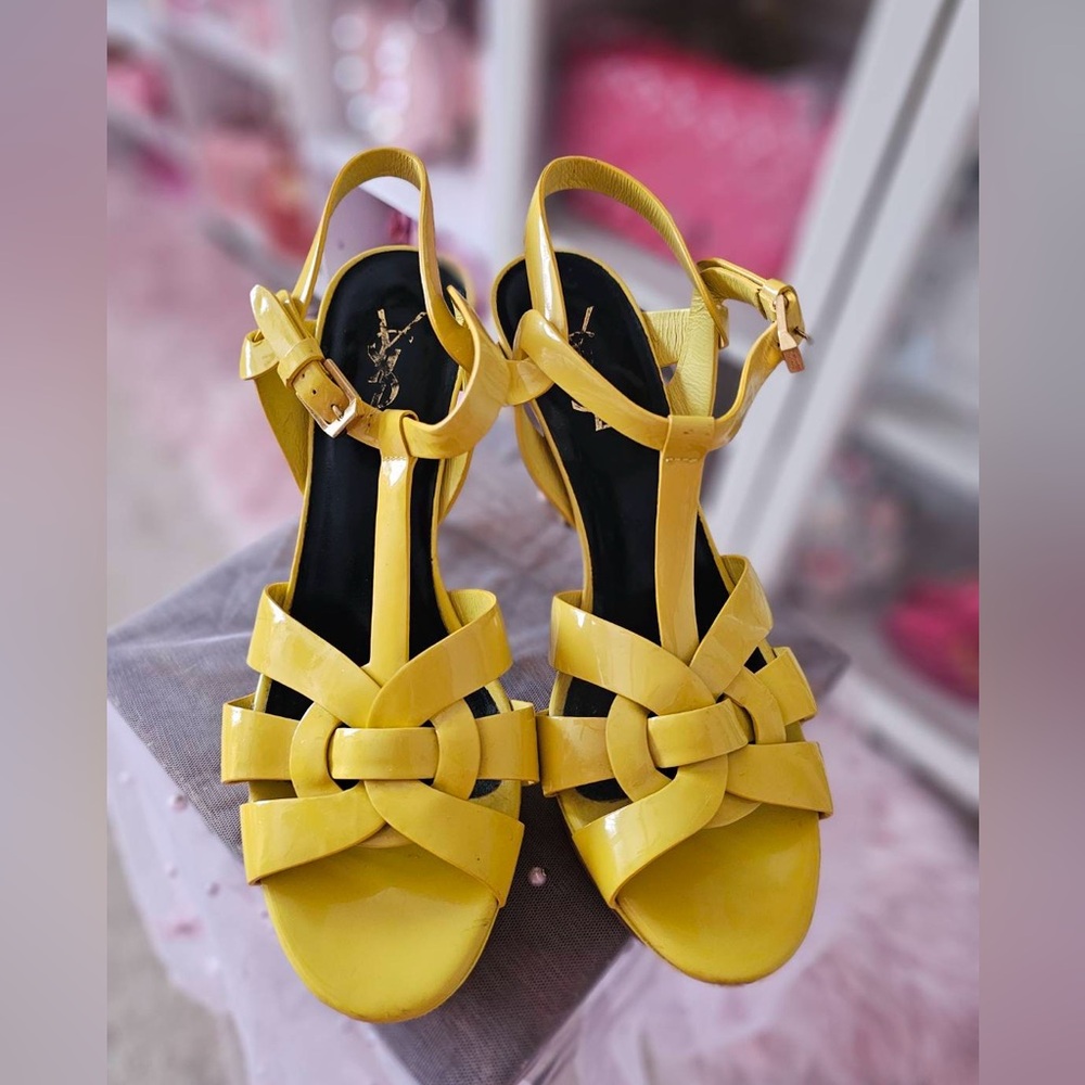 💯Authentic YSL Yves Saint Laurent Tribute Yellow Platform Heels US 8/38